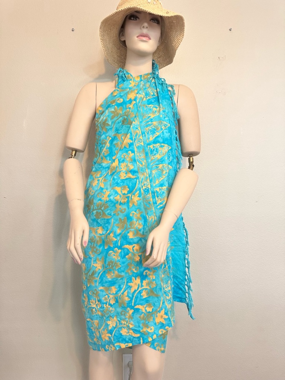 Handmade Indonesian Batik Rayon Sarong Pareo Teal Gold